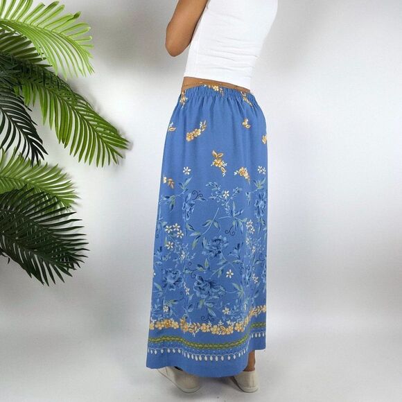 Vintage Blue Floral Cottagecore Prairie Low Rise Boho Maxi Wrap Skirt / 18W - Picture 2 of 5